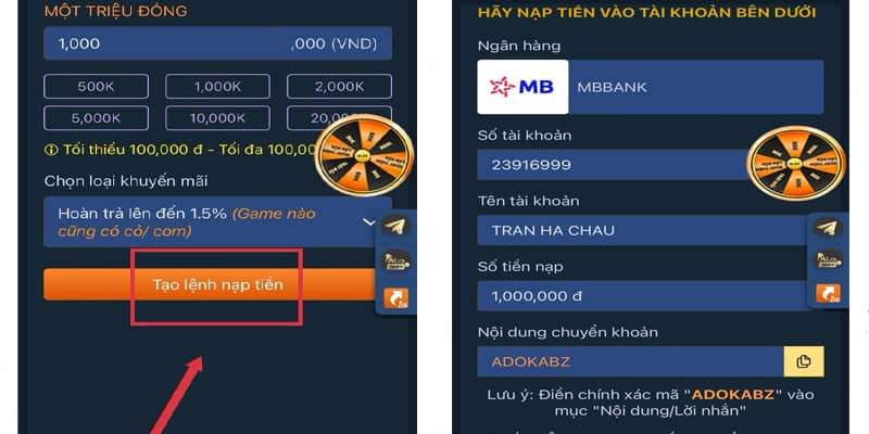 Tạo lệnh nạp tiền và gửi số tiền vào ngân hàng nhà cái hiển thị Tạo lệnh nạp tiền và gửi số tiền vào ngân hàng nhà cái hiển thị