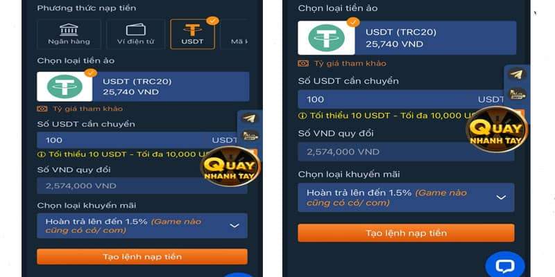 Hình thức nạp tiền qua USDT Hình thức nạp tiền qua USDT