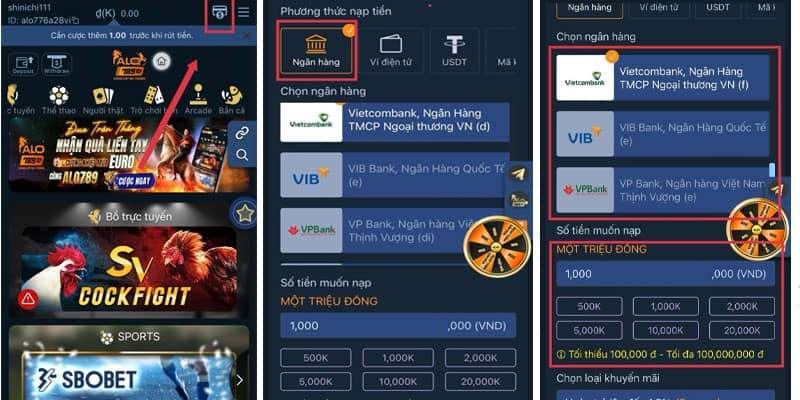 Chọn phương thức ngân hàng và chọn số tiền muốn nạp Chọn phương thức ngân hàng và chọn số tiền muốn nạp